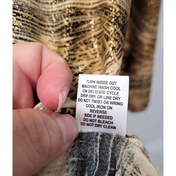 Women's Emily Daniels Black & Brown with Gold Shimmer Abstract Print Top Size S - Picture 5 of 10